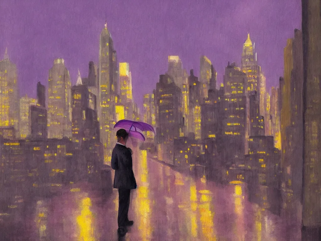 Image similar to cityscape view of new york city night, raining, purple storm skies, man with umbrella, ultra view angle view, realistic detailed painting by edward hopper