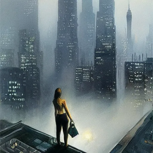 Image similar to “ girl standing on a roof looking down at a foggy futuristic new york city below, ghostpunk, blade runner, cyberpunk, brutalist, very detailed, by george bellows ”