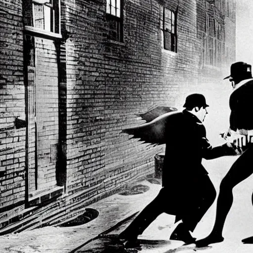 Prompt: old black and white photo, 1 9 2 5, depicting batman fighting a al capone in an alley of new york city, rule of thirds, historical record