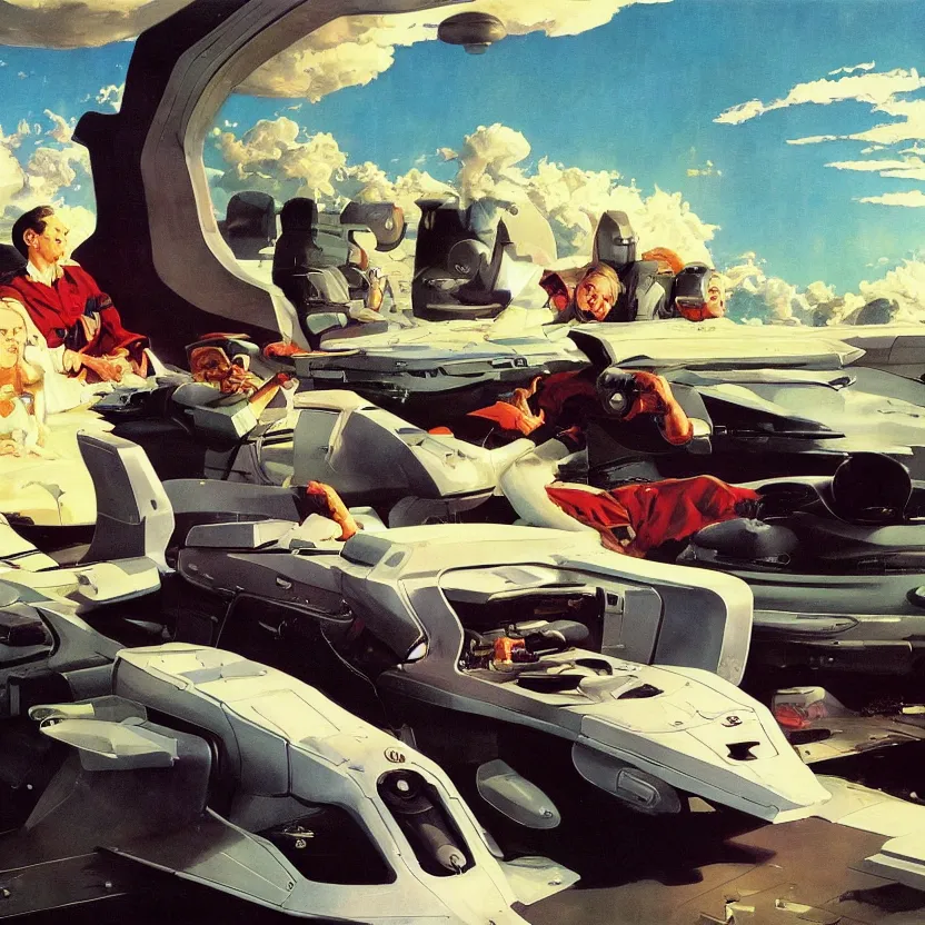 Prompt: a futuristic lounge room on the edge of a meadow. billowing clouds. highly detailed science fiction painting by norman rockwell, frank frazetta, and syd mead. rich colors, high contrast, gloomy atmosphere. trending on artstation.