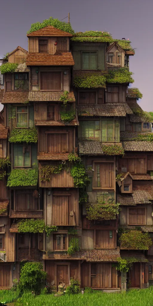 Image similar to stacked houses, solarpunk, studio ghibli, jean - baptiste monge, octane render, 4 k