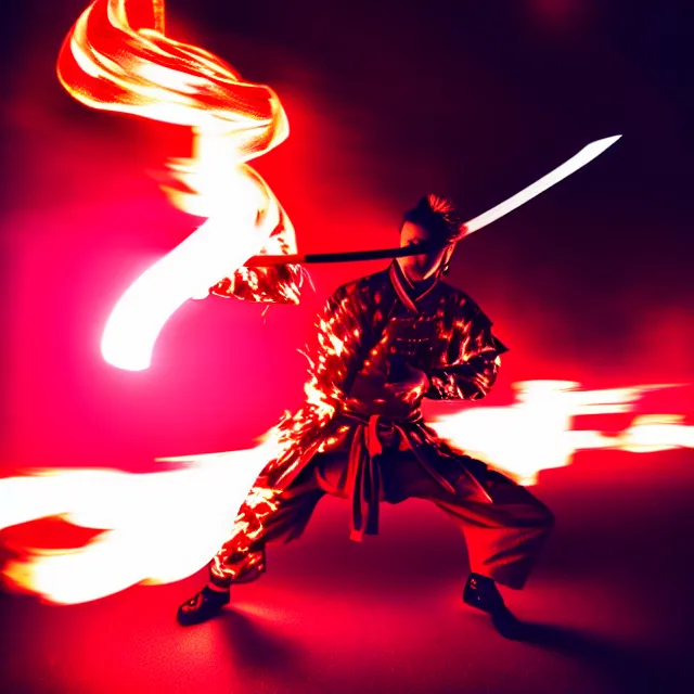 Image similar to cyber samurai fire dance slashing sword atomic, detailed bushido form smoke, fighting stance atomic energy, shibuya prefecture, cinematic neon uplighting, fog mist smoke, photorealistic, night photography by tomino - sama