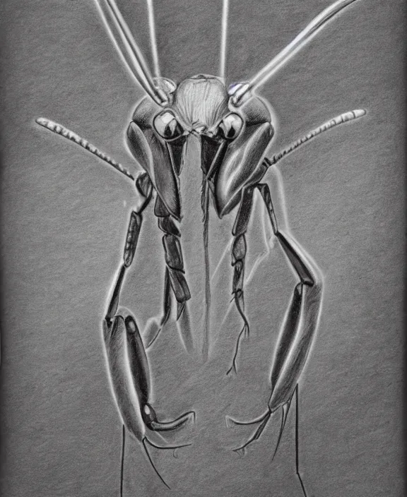 Image similar to a pencil drawing portrait of a cyborg praying mantis facing the camera