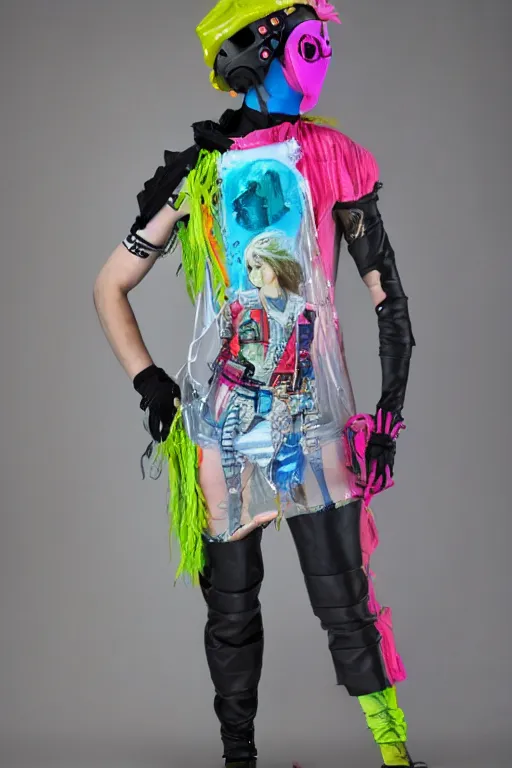 Prompt: a male character wearing a diy! costume dress, punk, with fluo colored details and a transparent helmet, full body, muted colors, vivienne westwood, nausicaa, hyper real acrylic painting