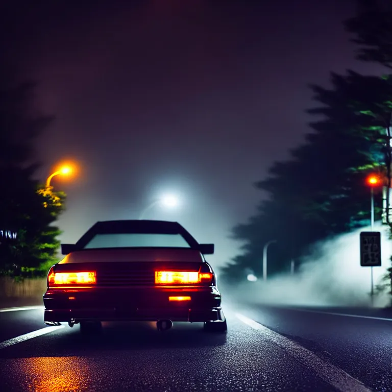 Image similar to close-up-photo JZX90 twin turbo drift middle of empty street, misty kanagawa prefecture, night, cinematic color, photorealistic, highly detailed,