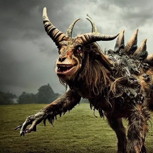 Image similar to horror, hd photography, a monstrous mutant goat creature is galloping across a muddy medieval village square in daylight, filthy matted fur, human eyes, disturbing, mutated, crocodile - like teeth