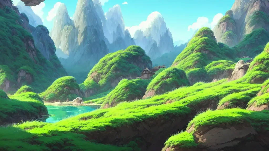 Image similar to mountainside landscape, studio ghibli, pixar and disney animation, sharp, rendered in unreal engine 5, highly detailed, digital painting, artstation, concept art, smooth, sharp focus, illustration, wide angle, artbook, wallpaper, splash art, promo art, dramatic lighting, art by artgerm and greg rutkowski and bo chen and jin xiaodi