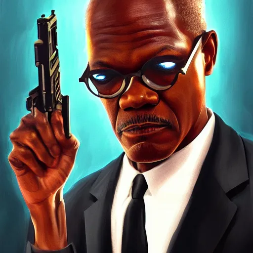 Prompt: Samuel Jackson as james bond, portrait, highly detailed, digital painting, artstation, concept art, sharp focus, illustration, art , style of Walter Martin Baumhofer