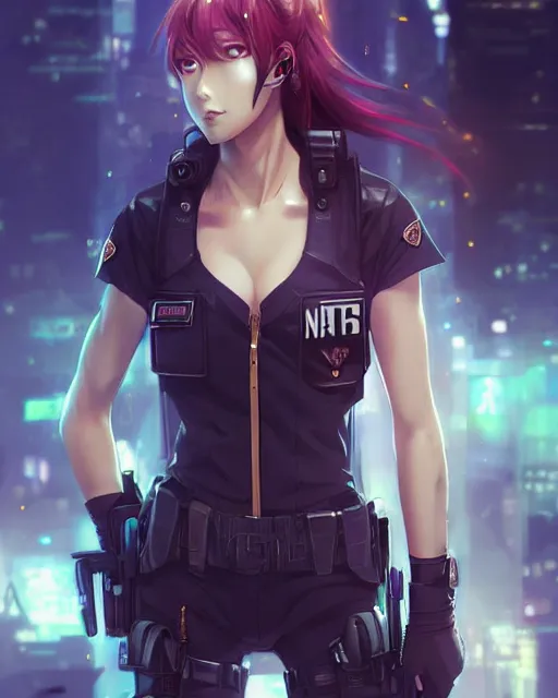 Image similar to nami, anime key visual of a young female swat officer, neon, cyberpunk, futuristic, white top, black vest, stunning, highly detailed, digital painting, smooth, soft focus, illustration, 4 k digital art from artstation by artgerm and greg rutkowski and alphonse mucha