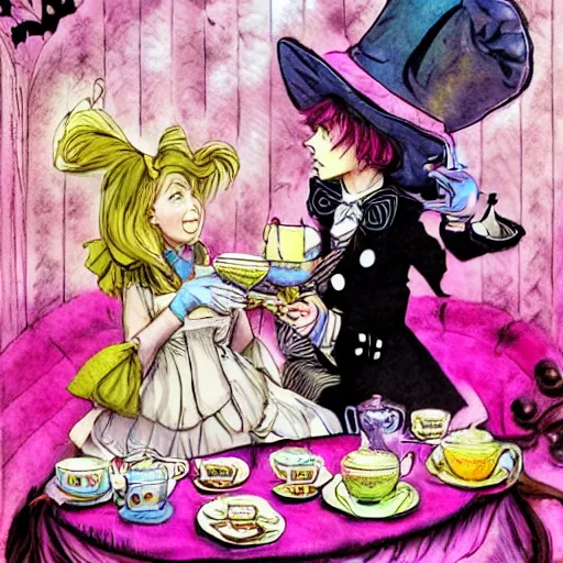 Image similar to 2 figures, Alice in Wonderland having a tea party with the Mad Hatter, in the style of Magic Realism, inspired by shoujo manga, harajuku street fashion, John Singer Sargent, Möbius, Neil Gaiman, yayoi kusama, Grimes, pastel goth, dramatic composition, ethereal, gradients and chromatic aberration effects, Victorian, moody, photorealistic 4k detail, Arnold render