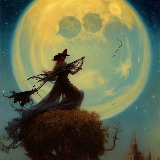 Image similar to witch flying, trough the night, fantasy, full moon in background. highly detailed painting by gaston bussiere, craig mullins, j. c. leyendecker 8 k