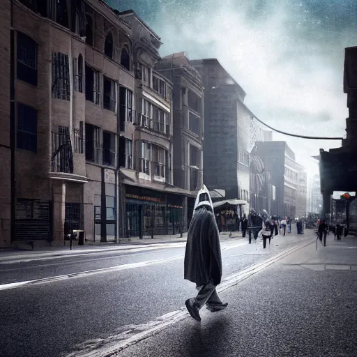 Prompt: a realistic photograph of a rad wizard walking in a city street