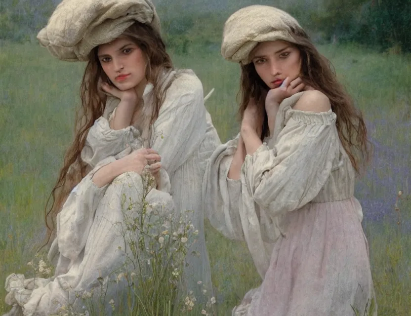 Image similar to beautiful peasant sisters with long hair, cottage core, cinematic focus, polaroid photo bleached vintage pastel colors high - key lighting, soft lights, foggy, by jean auguste dominique by steve hanks, by lisa yuskavage, by serov valentin, by tarkovsky, 8 k render, detailed, oil on canvas