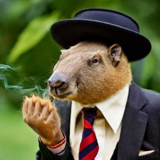 Image similar to smoking cigar, a man wearing a suit capybara head wearing a hat (smoking cigar)