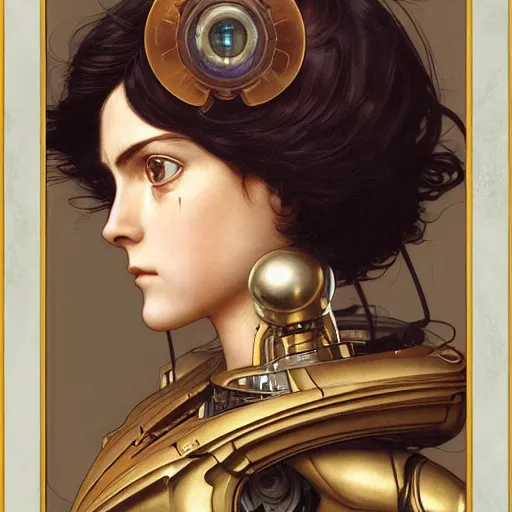 Image similar to Masterpiece portrait of battle angel Alita drawn by Donato Giancola and Tom Bagshaw, face by Artgerm and Edmund Leighton, Alphonse Mucha, background by James Jean and Gustav Klimt, 4k, posthuman, robotic body, porcelain skin, komorebi, french nouveau, trending on pixiv, octane render, hyperrealistic