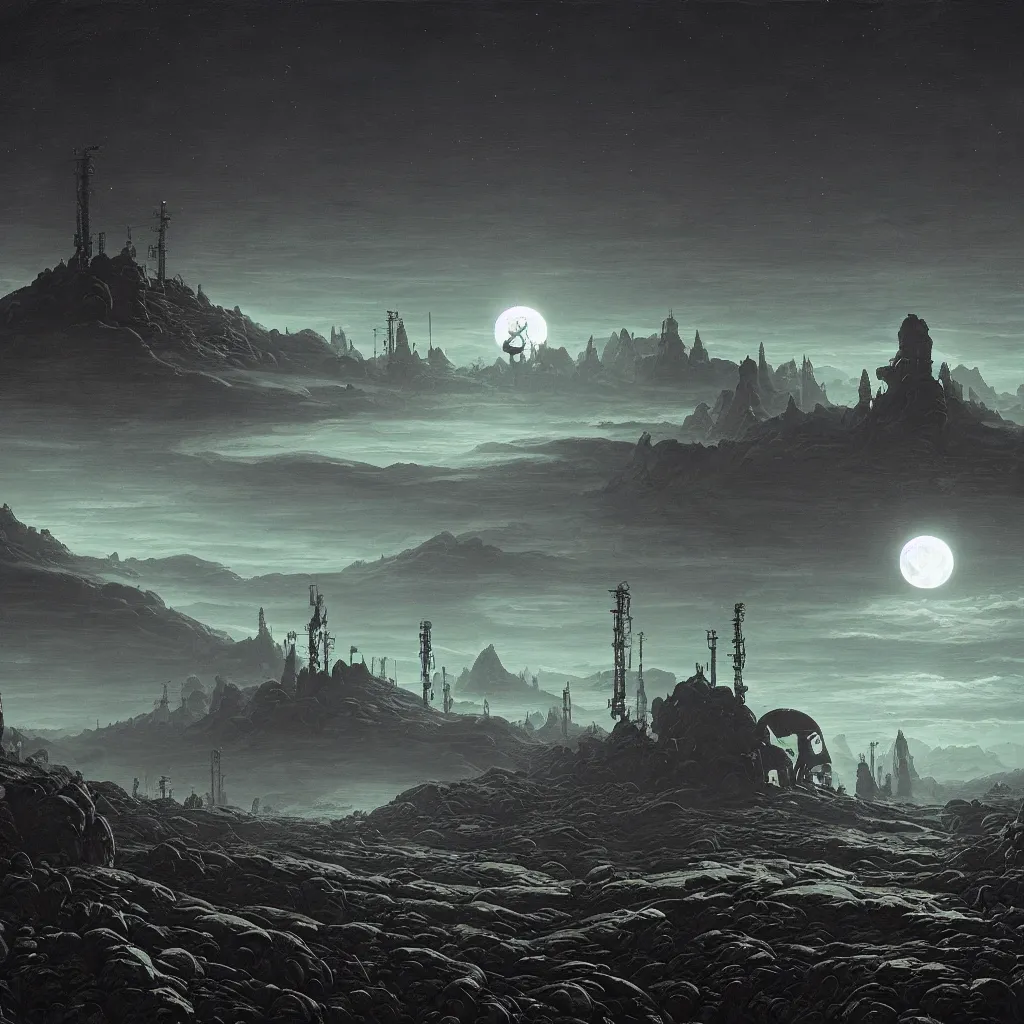 Image similar to a surreal and awe - inspiring science fiction landscape, moon in the sky looks like a skull, intricate, elegant, highly detailed matte painting by simon stalenhag and george bellows