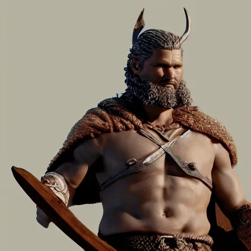 Image similar to of a 3d clay model of a viking from valhalla, ultra fine detail, hair strands, ultra high resolution, fine texture detail, miniature painting techniques, perfect proportions, marvel cinematic universe, eric bana