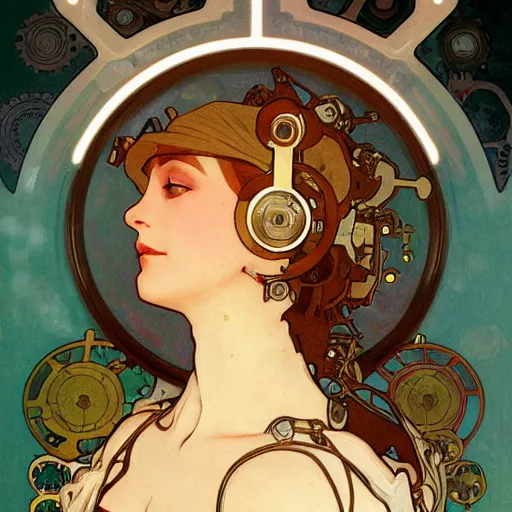 Prompt: A close-up portrait of a beautiful female android by Alphonse Mucha, exposed inner gears, bright soulful eyes, steampunk, gears, steam, art nouveau card, concept art, wlop, trending on artstation