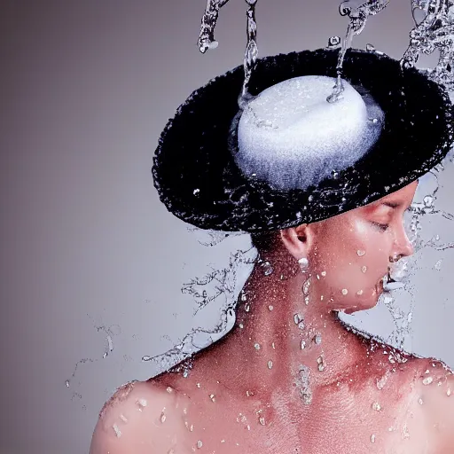 Image similar to a beautiful hat made out of a splashing water, on a mannequin. high quality, high resolution, studio lighting