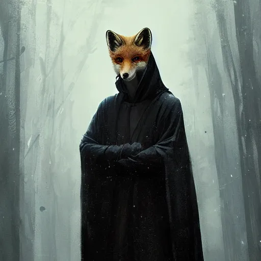 Image similar to A portrait of an anthropomorphic fox in a black hooded robe by Greg Rutkowski