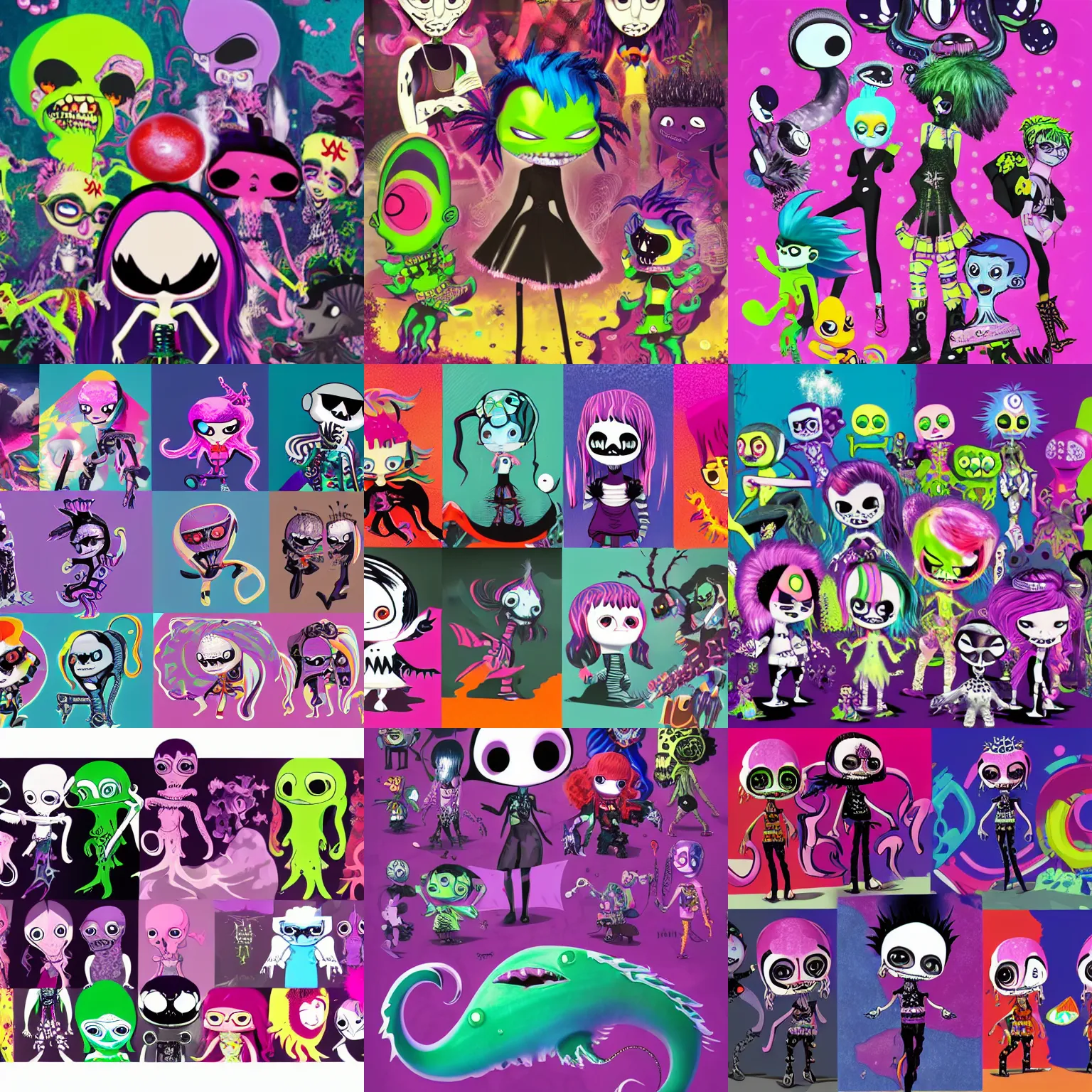 Prompt: CGI lisa frank gothic punk vampiric rockstar underwater vampiric anthropomorphic squid character designs of various shapes and sizes by genndy tartakovsky and ruby gloom by martin hsu and the creators of fret nice being overseen by Jamie Hewlett from gorillaz and tim shafer from doublefine for a splatoon game by nintendo