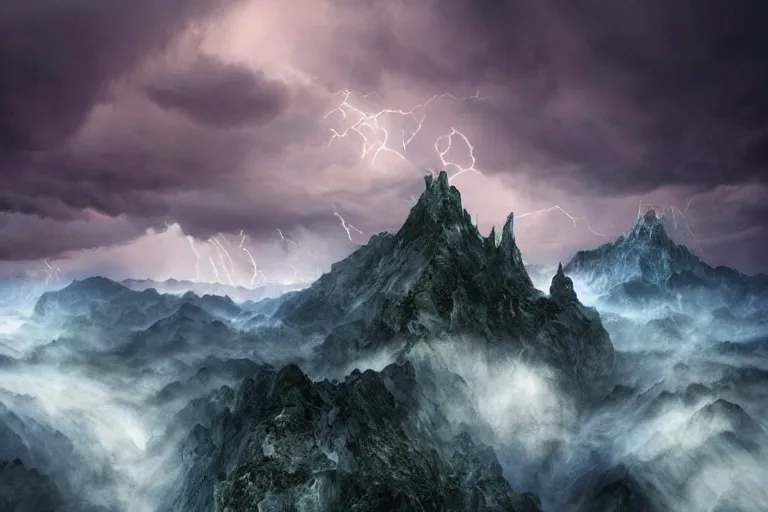 Prompt: A beautifully strange photo illustration of mountains after the storm, clouds, sun rays, volumetric lightning, beautiful, deep colors, bright, amazing, gorgeous, wonderful, Hyper detailed digital matte painting, concept art, hyperrealism, Cinema 4D, 8k resolution, 64 megapixels, coherent, CGSociety, ZBrush Central, behance HD, hypermaximalist, a masterpiece, 4K