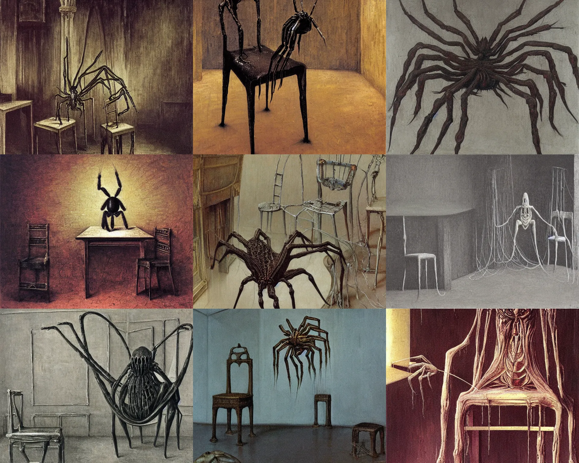 Prompt: giant spider on chair in ancient study, giger beksinski francis bacon