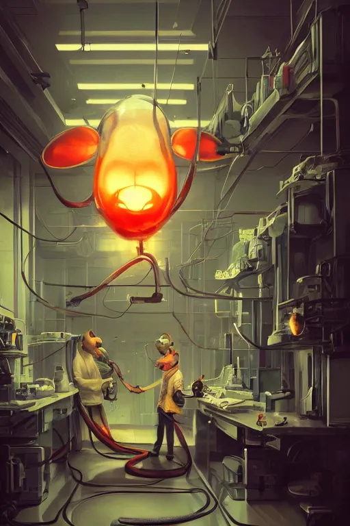 Image similar to many mechanics in lab facility looking at bloody disney mouse head lifted by claw, made by beeple, cgsociety, artgerm, greg rutkowski, highly detailed intricate 4 k art, low light cinematic, octane render, unreal engine, smooth concept art