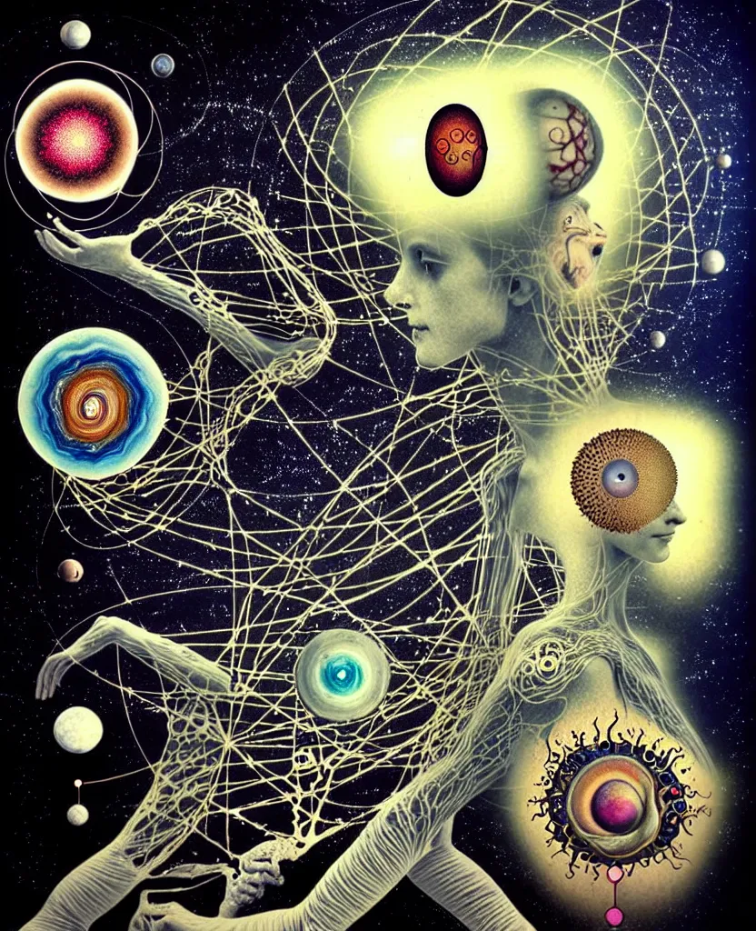 Prompt: inside the universe of a human body soul, whimsical uncanny creature alchemizes unique canto about'as above so below'being ignited by the spirit of haeckel and robert fludd, breakthrough is iminent, glory be to the magic within, to honor jupiter, surreal collage by ronny khalil
