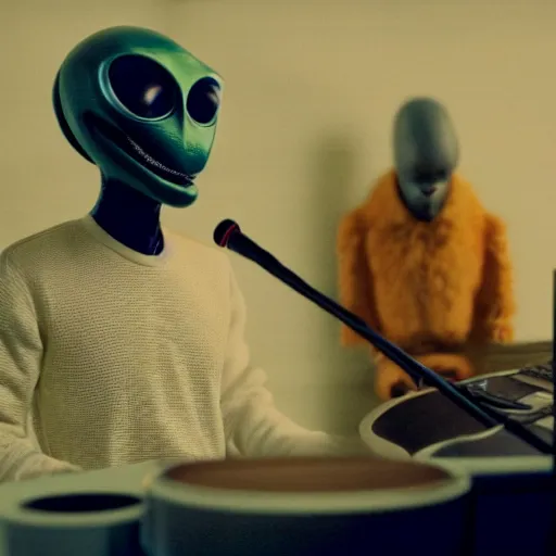 Prompt: cinematic film still of Pharrell Williams Making A Beat with an anthropomorphic alien, Japanese VFX, 2018, 400mm lens, f1.8, shallow depth of field,film photography