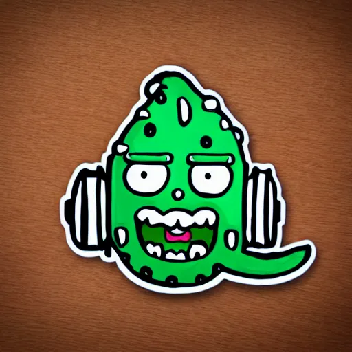 Image similar to a pickle-rick, svg sticker, vector art, wearing headphones, jamming to music