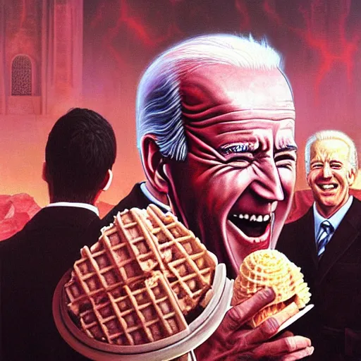 Image similar to epic Joe Biden eats waffle cone ice cream in pandemonium, demons and souls, portrait, art by Wayne Barlowe, oil on canvas