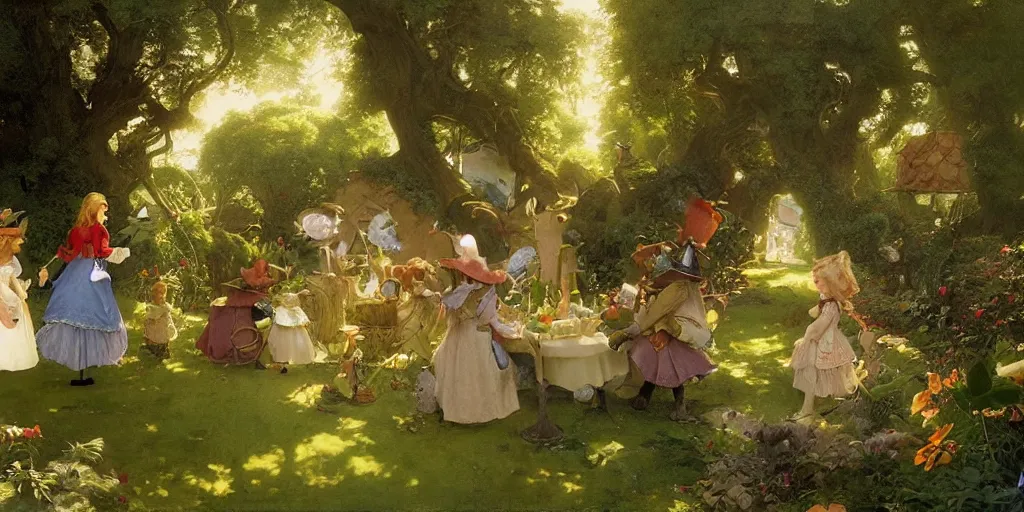 Image similar to alice in wonderland in the garden, john tenniel, normal rockwell, craig mullins, david curtis, carl spitzweg, morgan weistling, chris foss