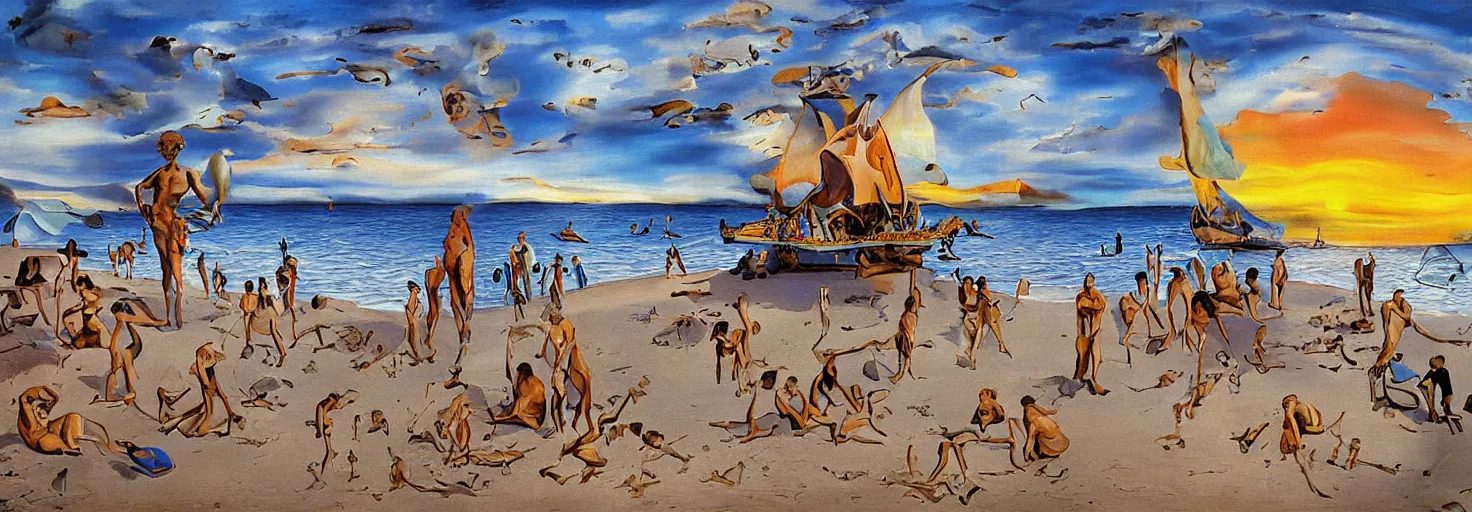 Image similar to People in beach by Salvador Dali and Bob Ross collaboration, mural, sun set, digital art, high details