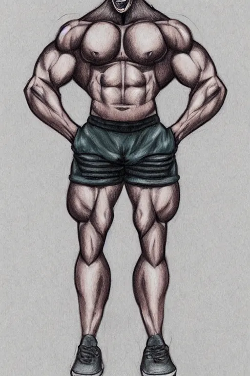 Image similar to master furry artist colored pencil drawing full body portrait character study of the anthro male anthropomorphic wolf fursona animal person wearing gym shorts bodybuilder at gym