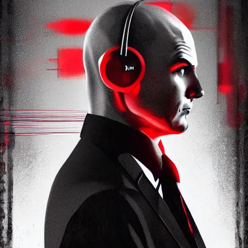 Image similar to agent 4 7 from hitman wearing headphones and listening to music in front of large stereo speakers surrounded by cables, black background, red rim light, highly detailed, smooth, sharp focus, art by cedric peyravernay