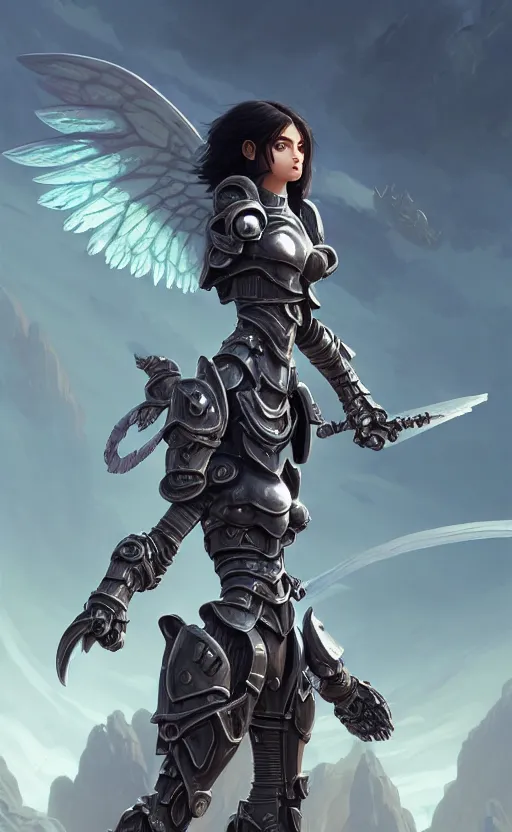 Image similar to battle angel, full armor, full body portrait, gentle, female, dark ruins landscape, d & d, fantasy, intricate, elegant, highly detailed, digital painting, white gold color palette, artstation, octane render, concept art, matte, sharp focus, illustration, hearthstone, art by artgerm and greg rutkowski and alphonse mucha