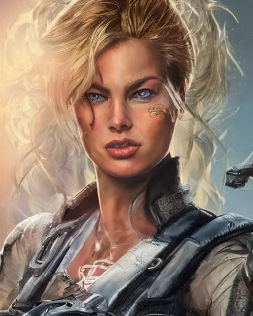 Prompt: Margot Robbie as an Apex Legends character digital illustration portrait design by, Mark Brooks and Brad Kunkle detailed, gorgeous lighting, wide angle action dynamic portrait