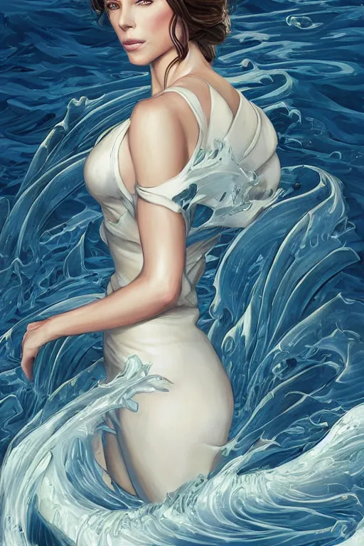 Prompt: kate beckinsdale as a heroine with a dress inspired by the great wave off kanagawa, digital painting, artstation, concept art, smooth, sharp focus, illustration, art by artgerm and donato giancola and Joseph Christian Leyendecker, Ross Tran, WLOP