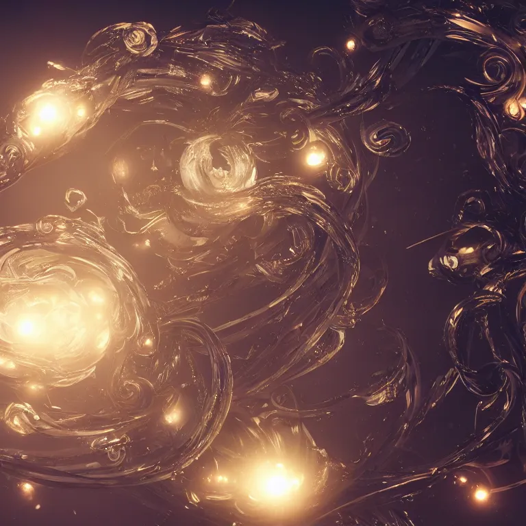 Image similar to swirling abstract cyborg parts and ornate flowing smoke streams and smooth particle effects surround a small metallic sphere, unreal engine