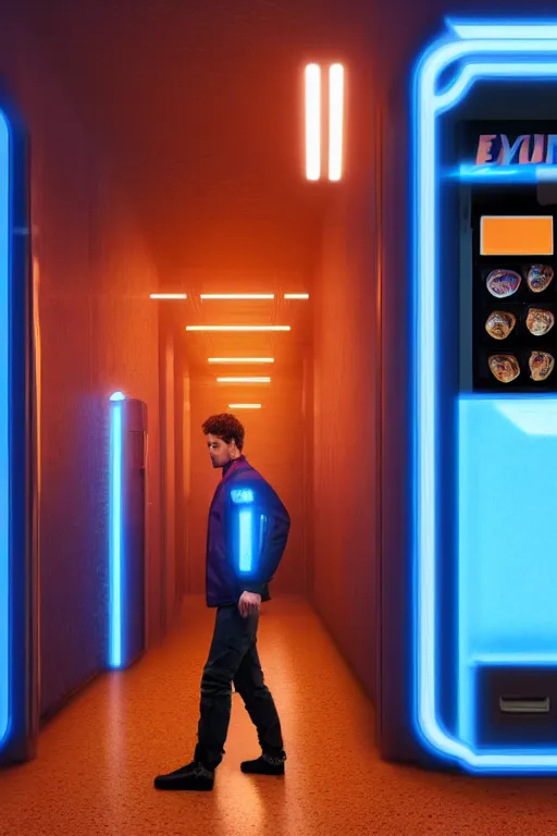 Image similar to in a corridor, a human in a still suite from dune in front of a vending machine, his profile and face lit by the blue neon light of the machine in front of him, blade runner style, gloomy mood, hyper-realistic environment,Epic concept art. Octane render and Unreal Engine