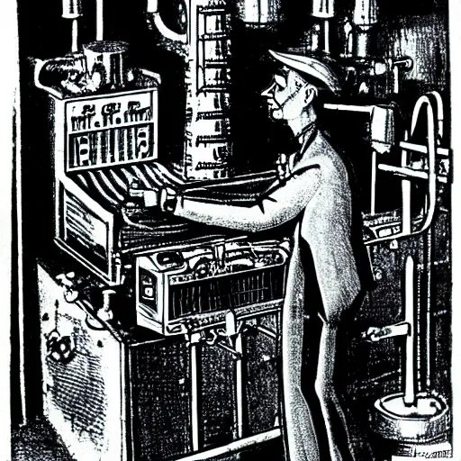 Image similar to etching of an anthropomorphic factory machine in the style of boris artzybasheff