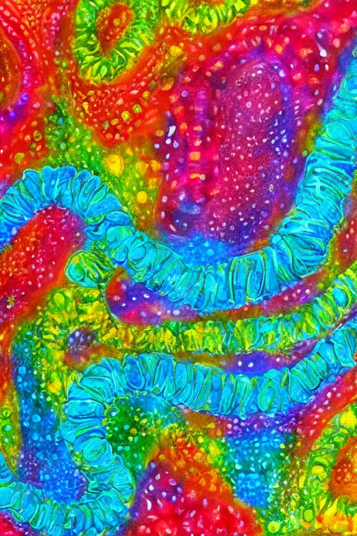 Image similar to all my proteins are unfolding, molecular biology, mixed media, bright colours