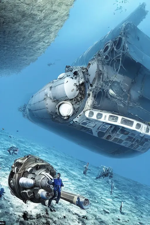 Image similar to a shallow ocean at the bottom of which is a spaceship, behind which is a 300-meter wave, and people in spacesuits are studying the wreckage of another ship, photorealistic