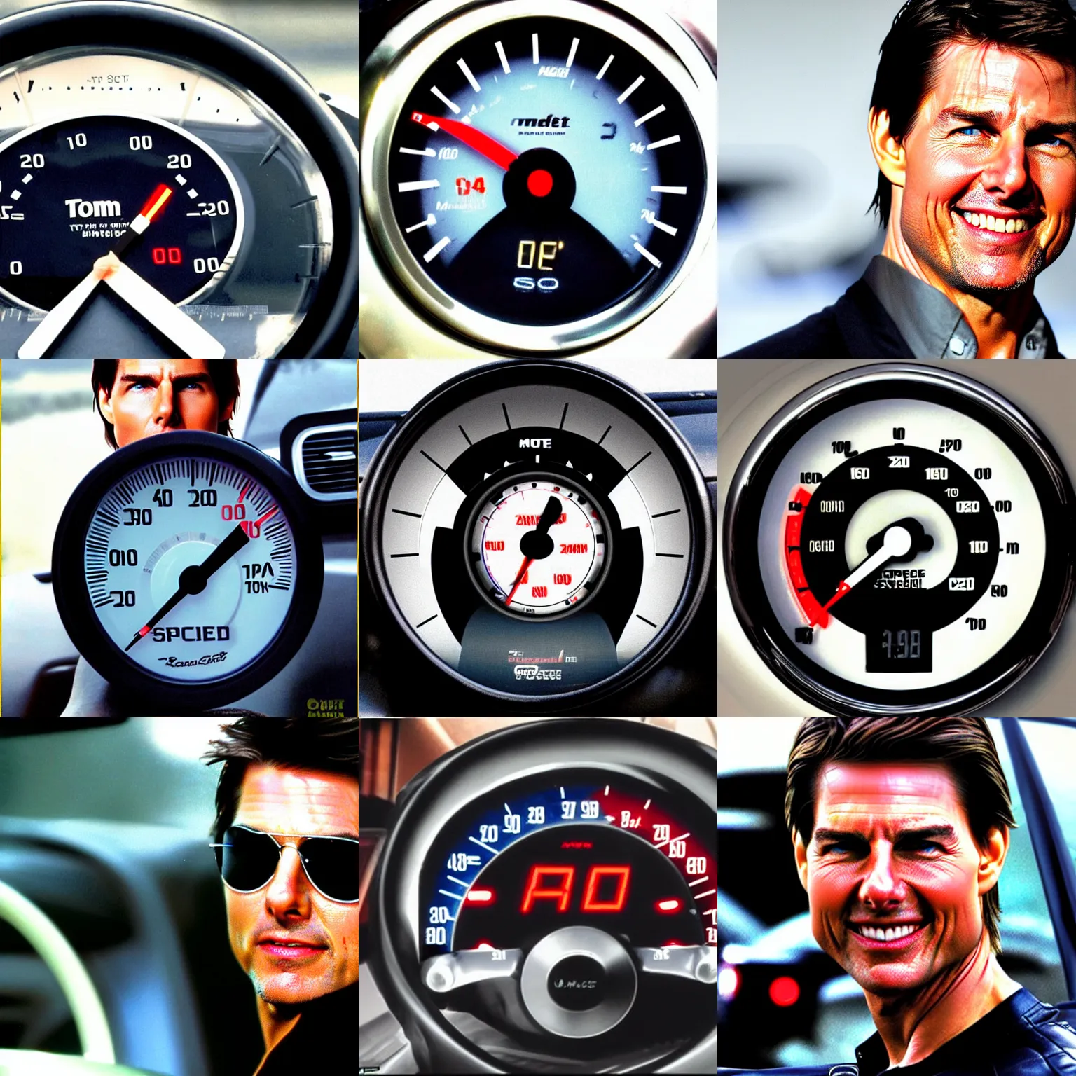 Prompt: tom cruise's face in a car speedometer, mph gauge, speedo,! tom cruise!