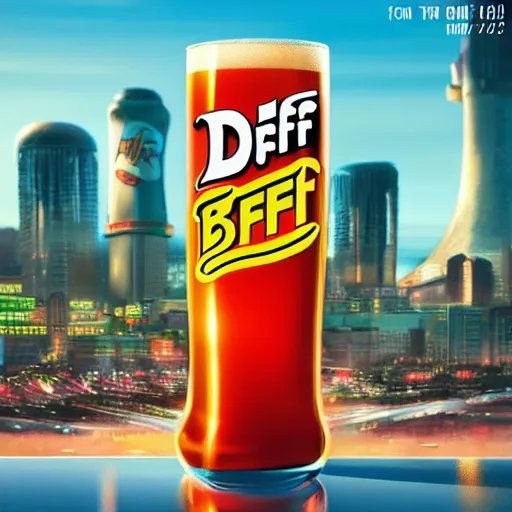 Prompt: Duff beer, marketing product photo, vivid colors, elegant, concept art, sharp focus, digital art, Hyper-realistic, 4K, Unreal Engine, Highly Detailed, HD, Dramatic Lighting by Brom, golden hour, trending on Artstation