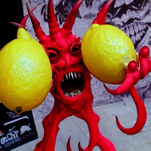 Prompt: Lemon Demon, a yellow lemon with black eyes, sharp teeth and red demon horns