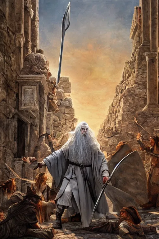 Image similar to gandalf attacks ancient athens, oil on canvas, intricate, 8 k highly professionally detailed, hdr, cgsociety