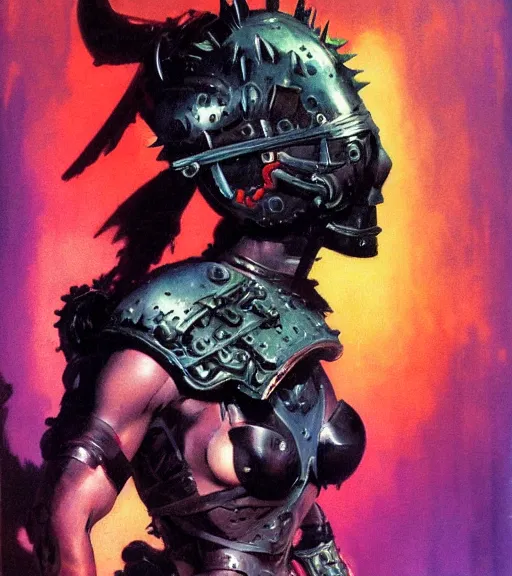 Image similar to portrait of strong female chaos angel, beautiful! coherent! by frank frazetta, by brom, strong line, vivid neon color, spiked scrap metal armor, iron helm maximalist