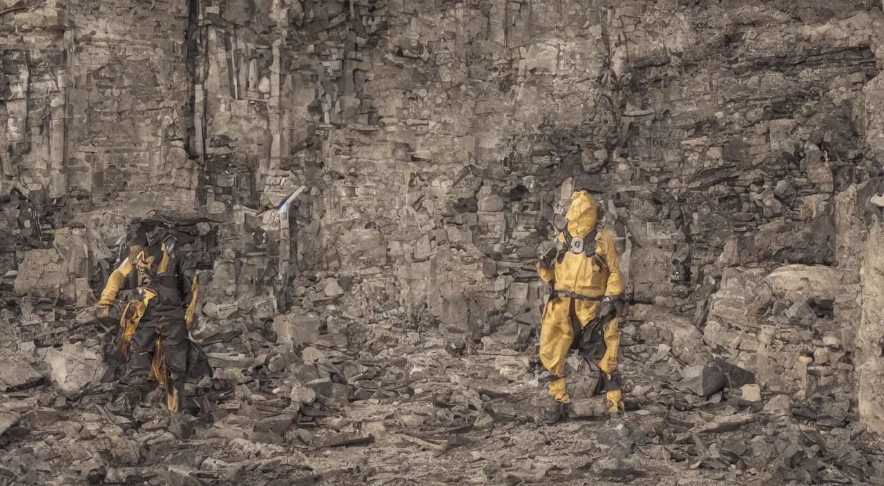 Image similar to a single man in hi viz hazmat suit wanders around a crumbling victorian london sewer, stunning render, high octane, 3 d, cinematic lighting